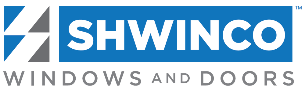 Shwinco Windows and Doors logo with a blue box containing white text and a geometric blue and gray icon to the left.