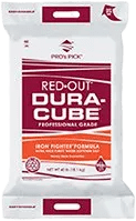 White bag of Red-Out Dura-Cube, a professional-grade iron stain remover. Features red and orange text.
