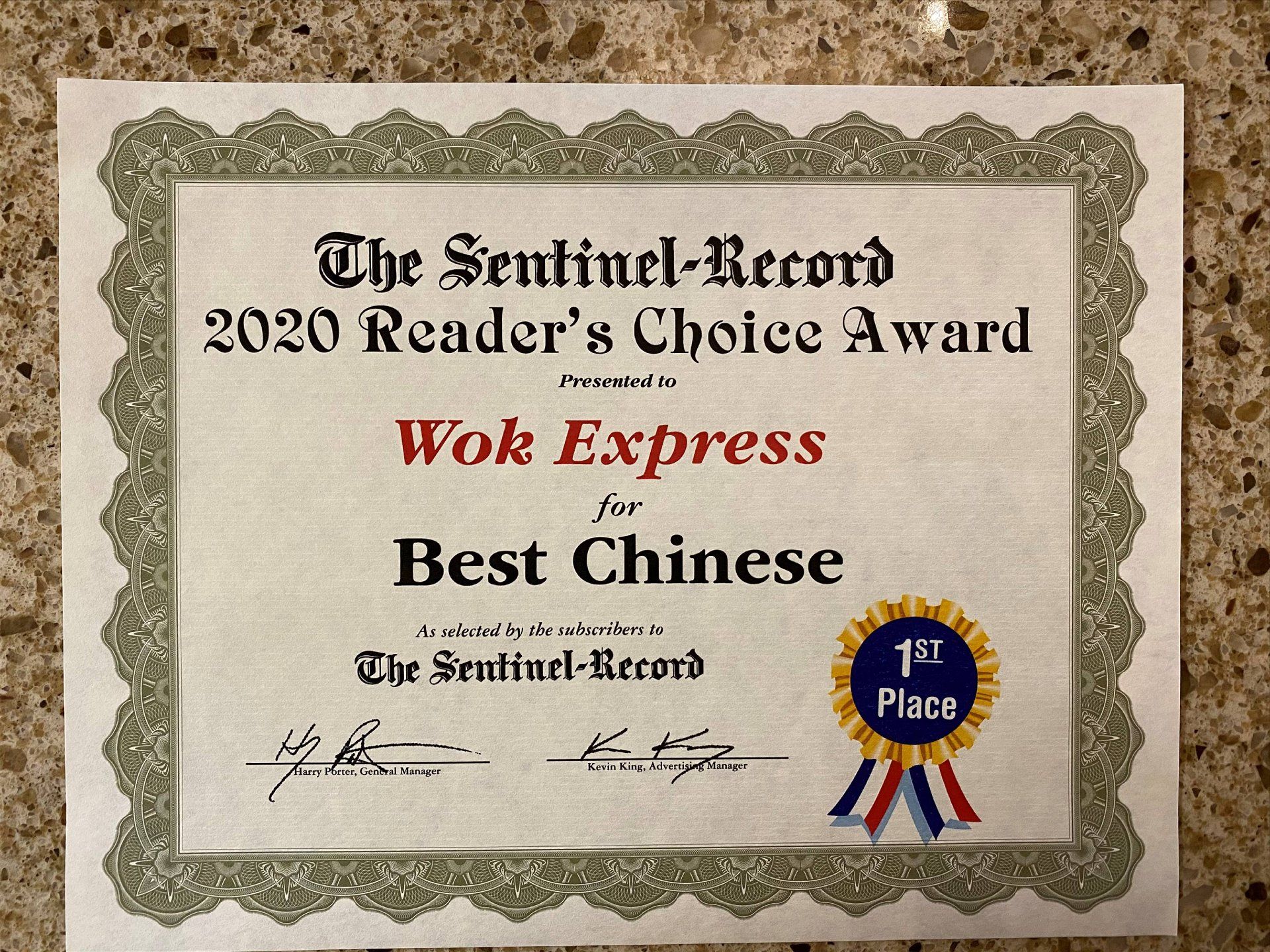 A certificate that says the sentinel record 2020 reader 's choice award