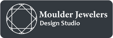 Moulder Jewelers Design Studio logo with white geometric circle icon on dark gray background