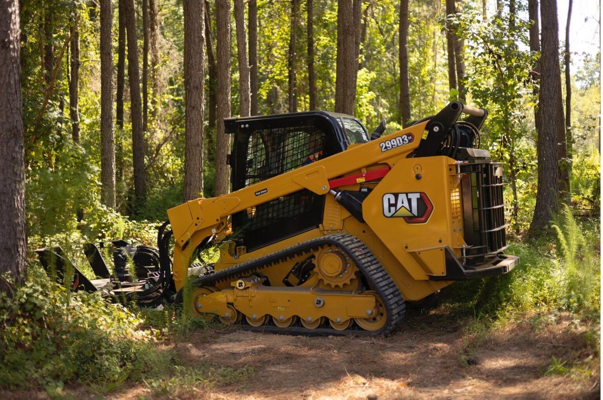 A yellow Caterpillar compact track loader with a forestry brush cutter attachment parked in a wooded area.