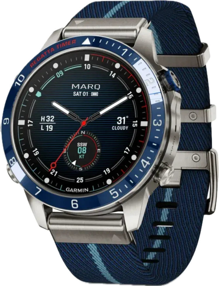 Garmin smartwatch with blue band, black dial, and silver case on a white background
