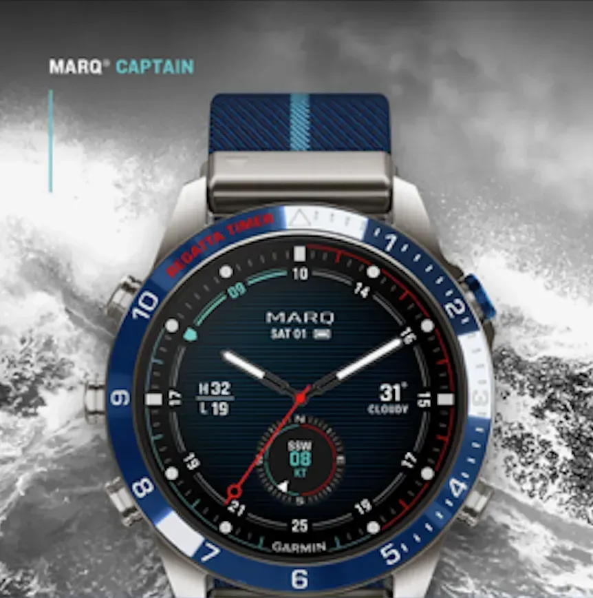 MARQ Captain Garmin smartwatch with blue strap, black dial, and nautical-inspired bezel