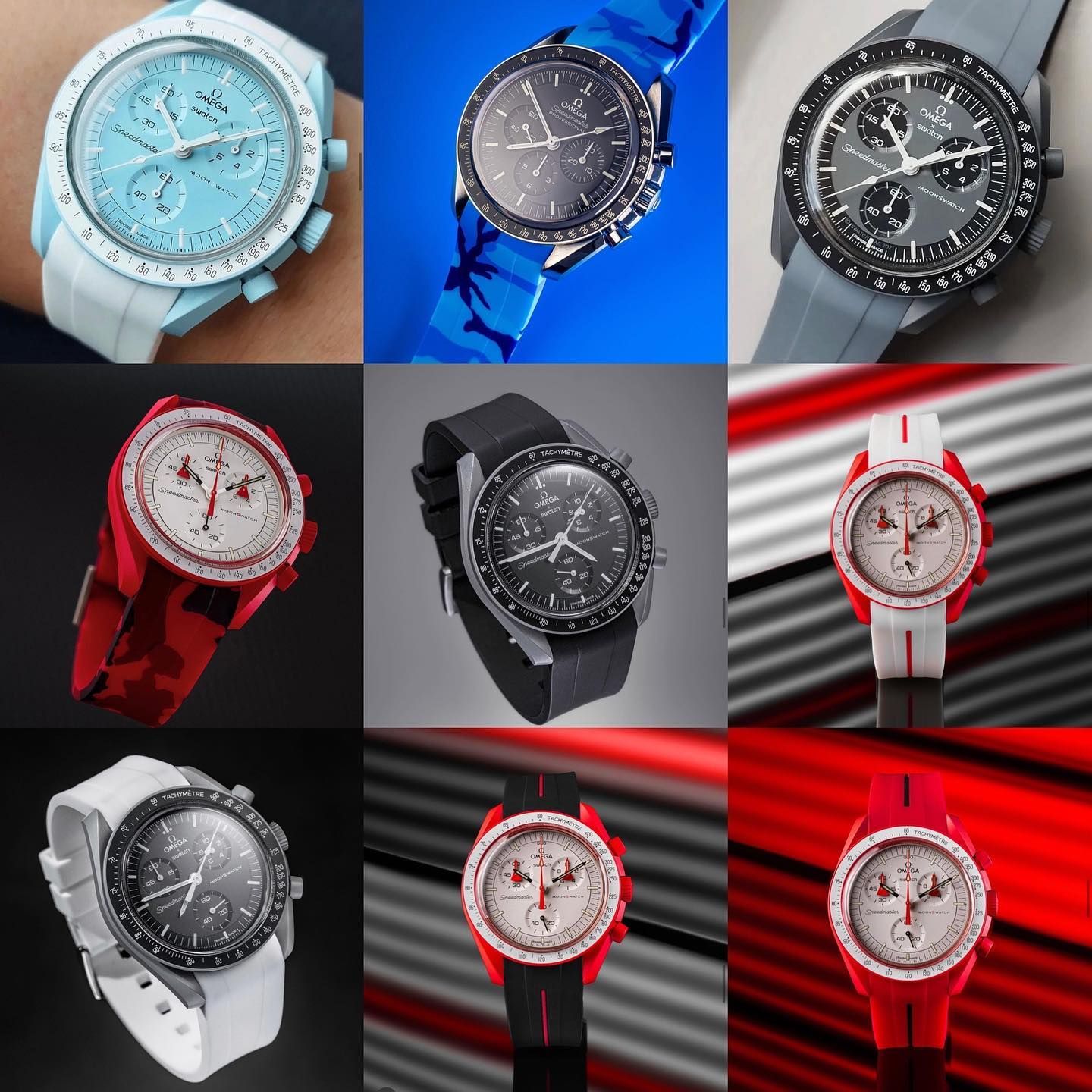 Grid of eight wristwatches in white, blue, black, red, and gray on varied background patterns