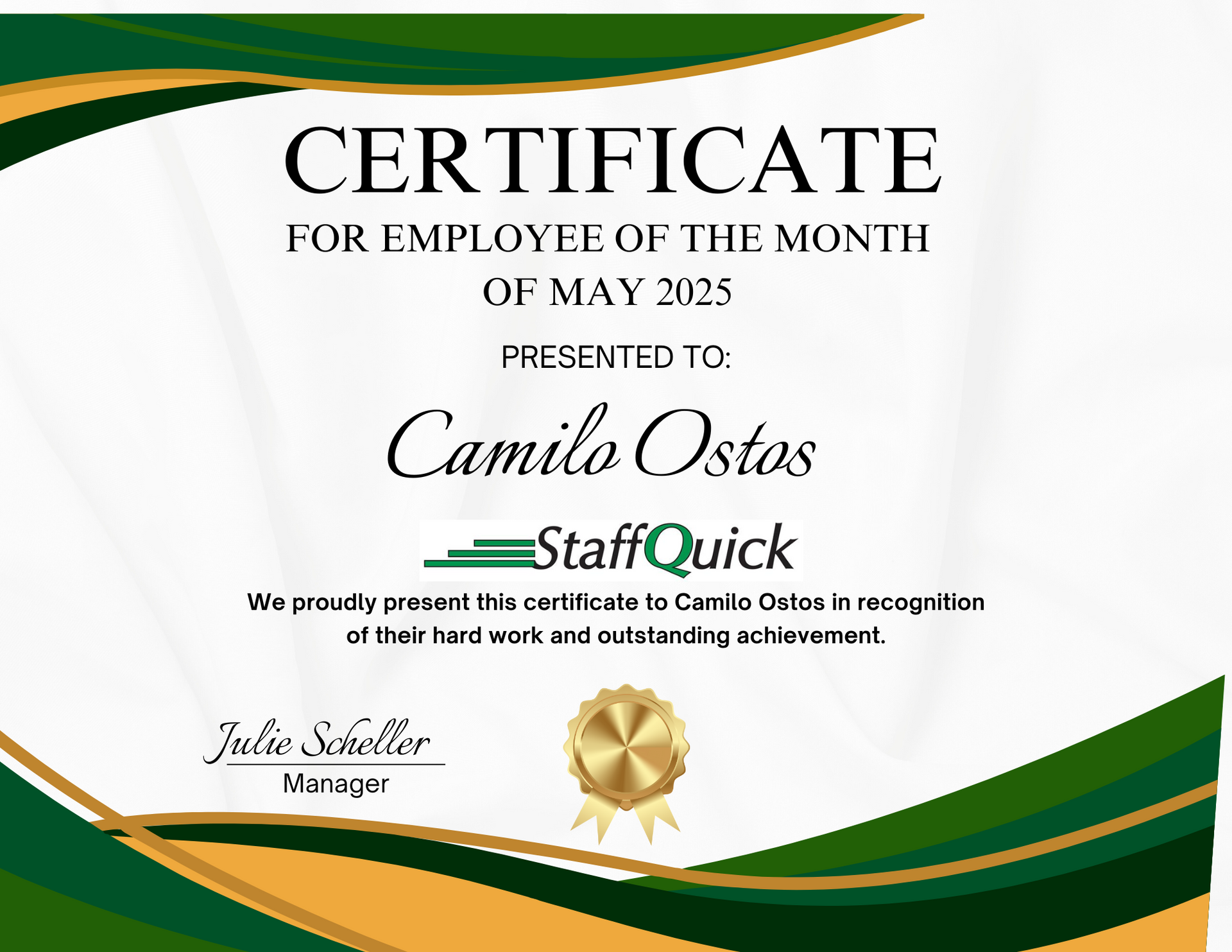 A certificate for employee of the month of may