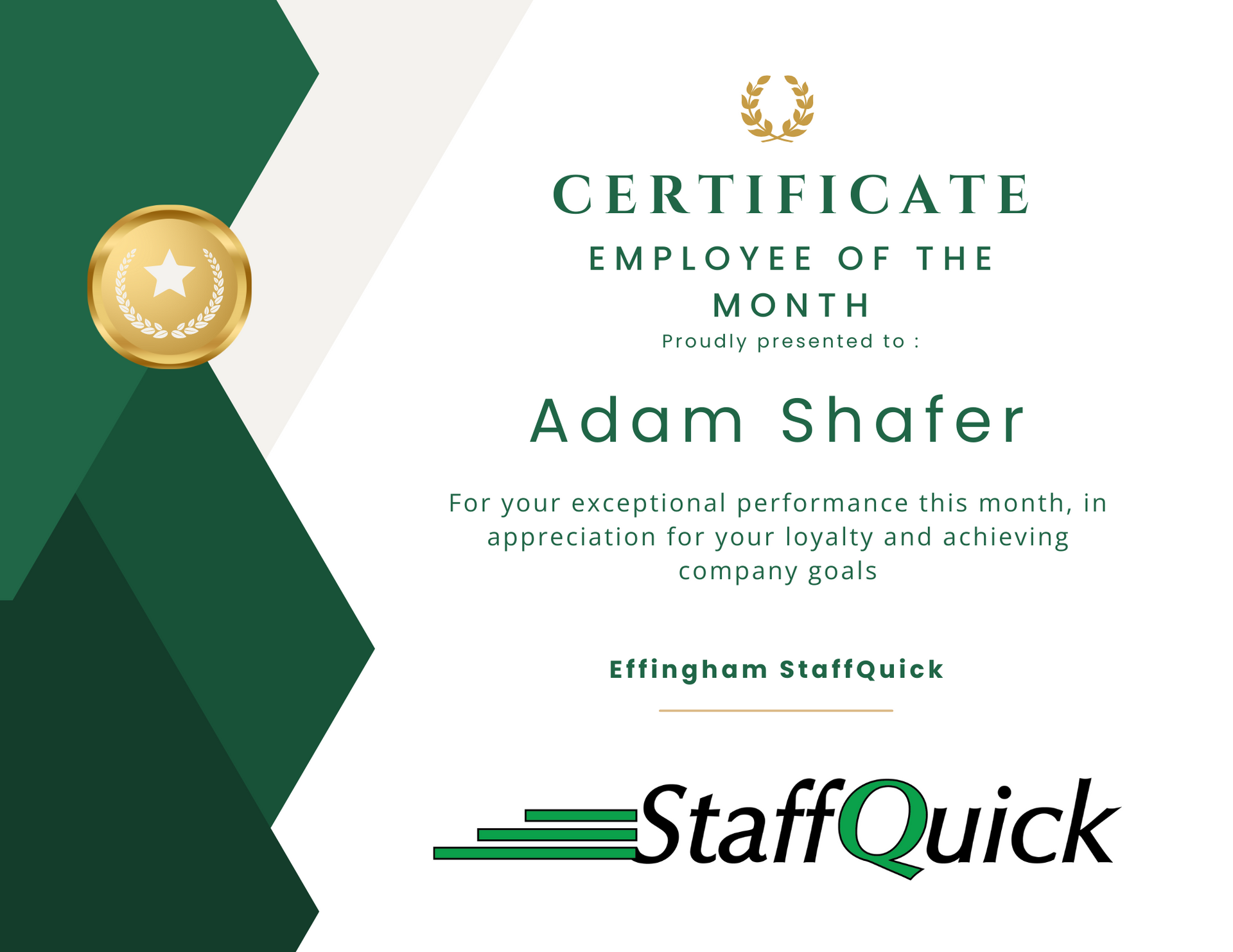 A certificate for an employee of the month for adam shafer