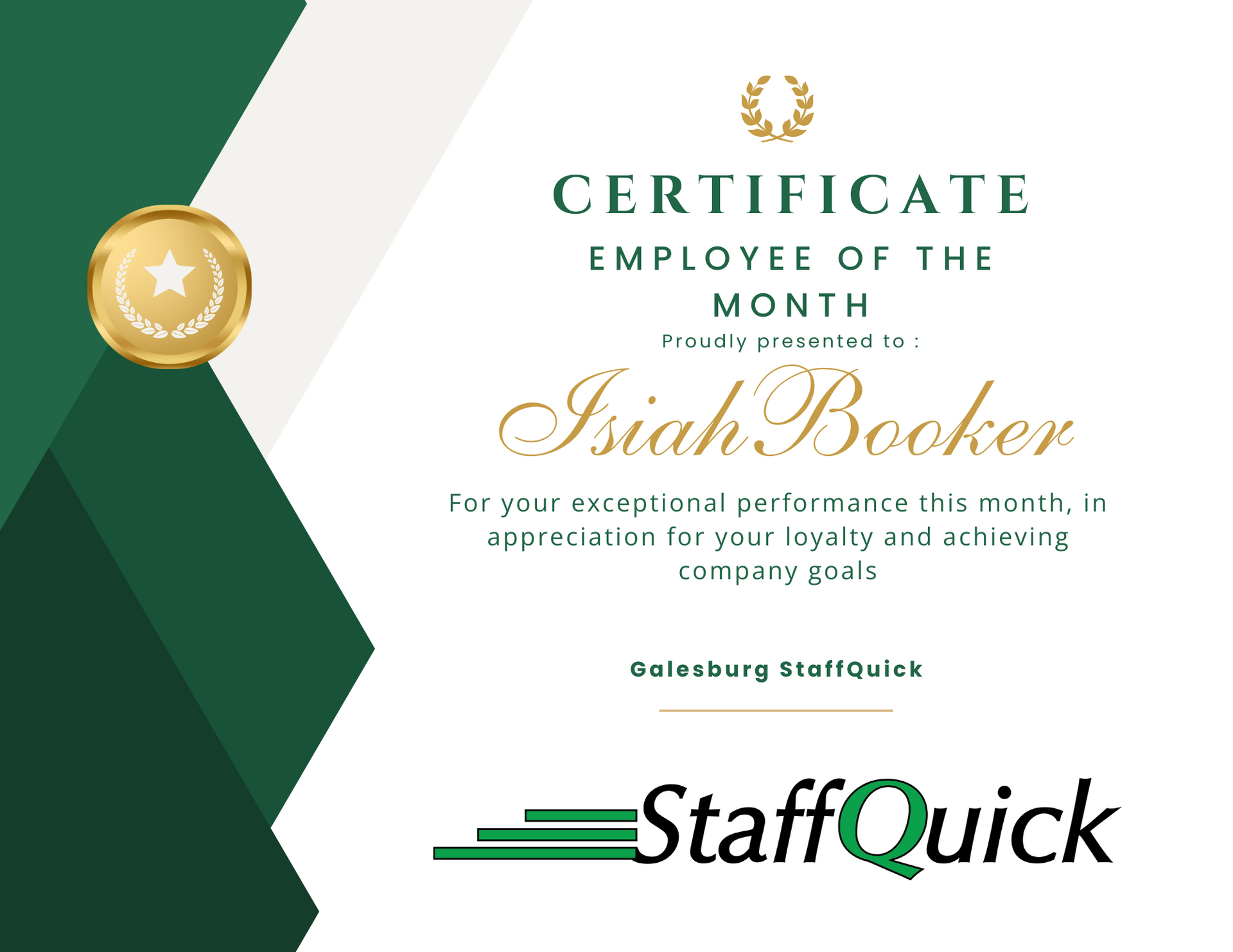 A certificate for a staff quick employee of the month