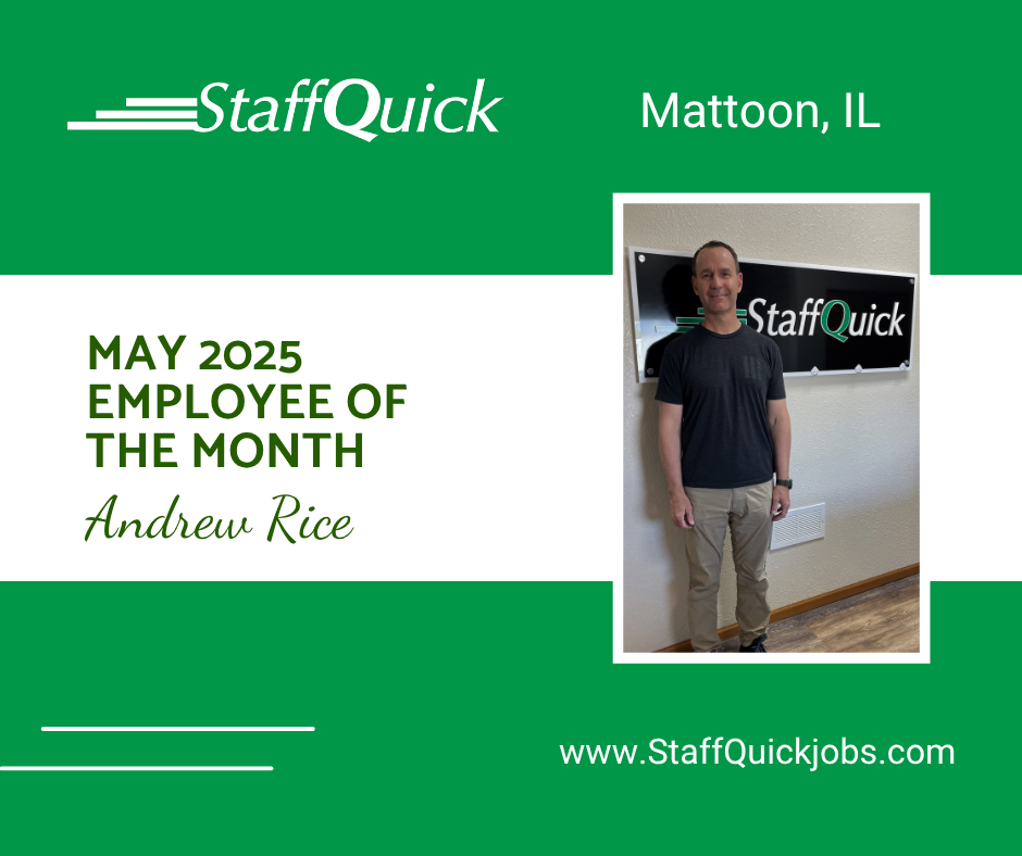 A man is standing in front of a sign that says staff quick mattoon il
