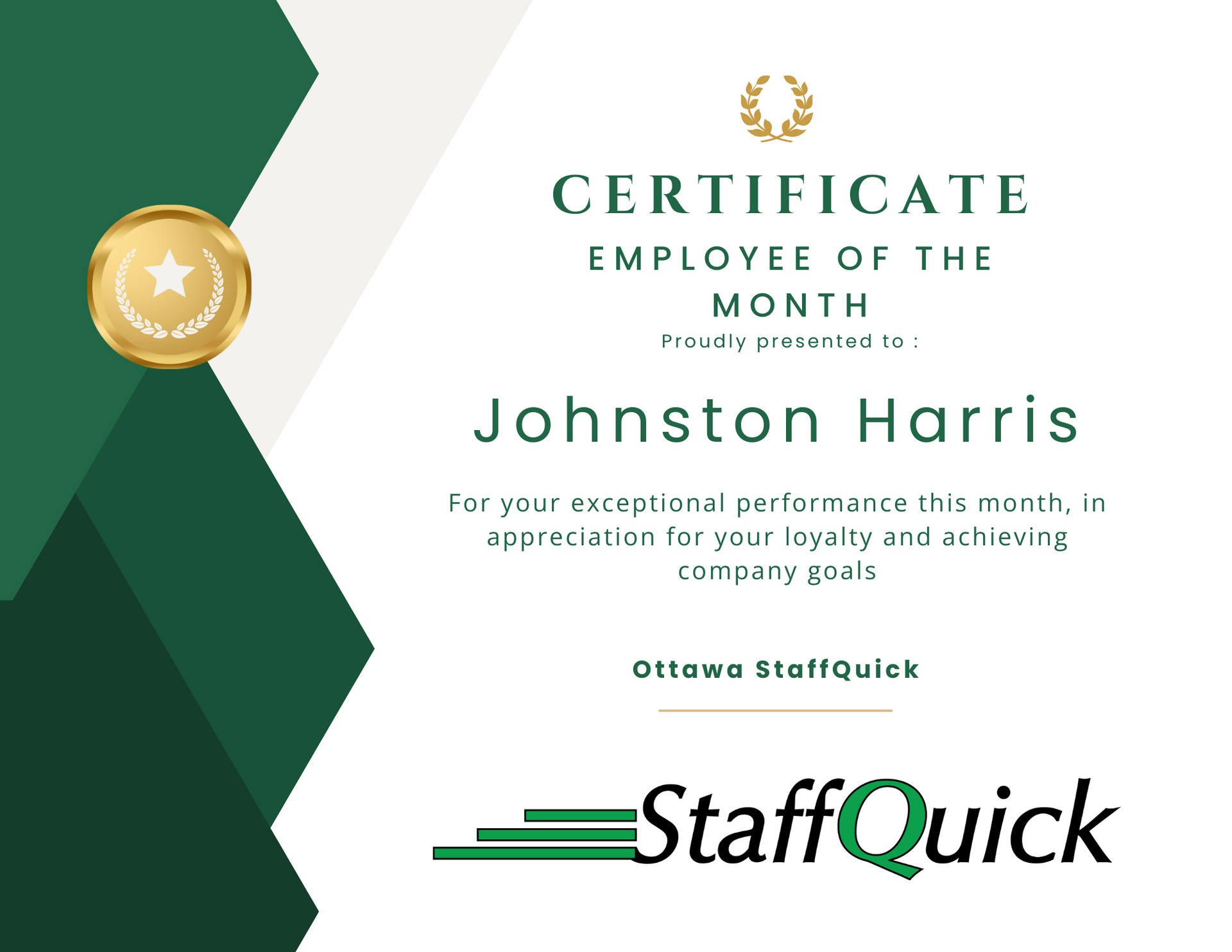 A certificate of employee of the month for johnston harris