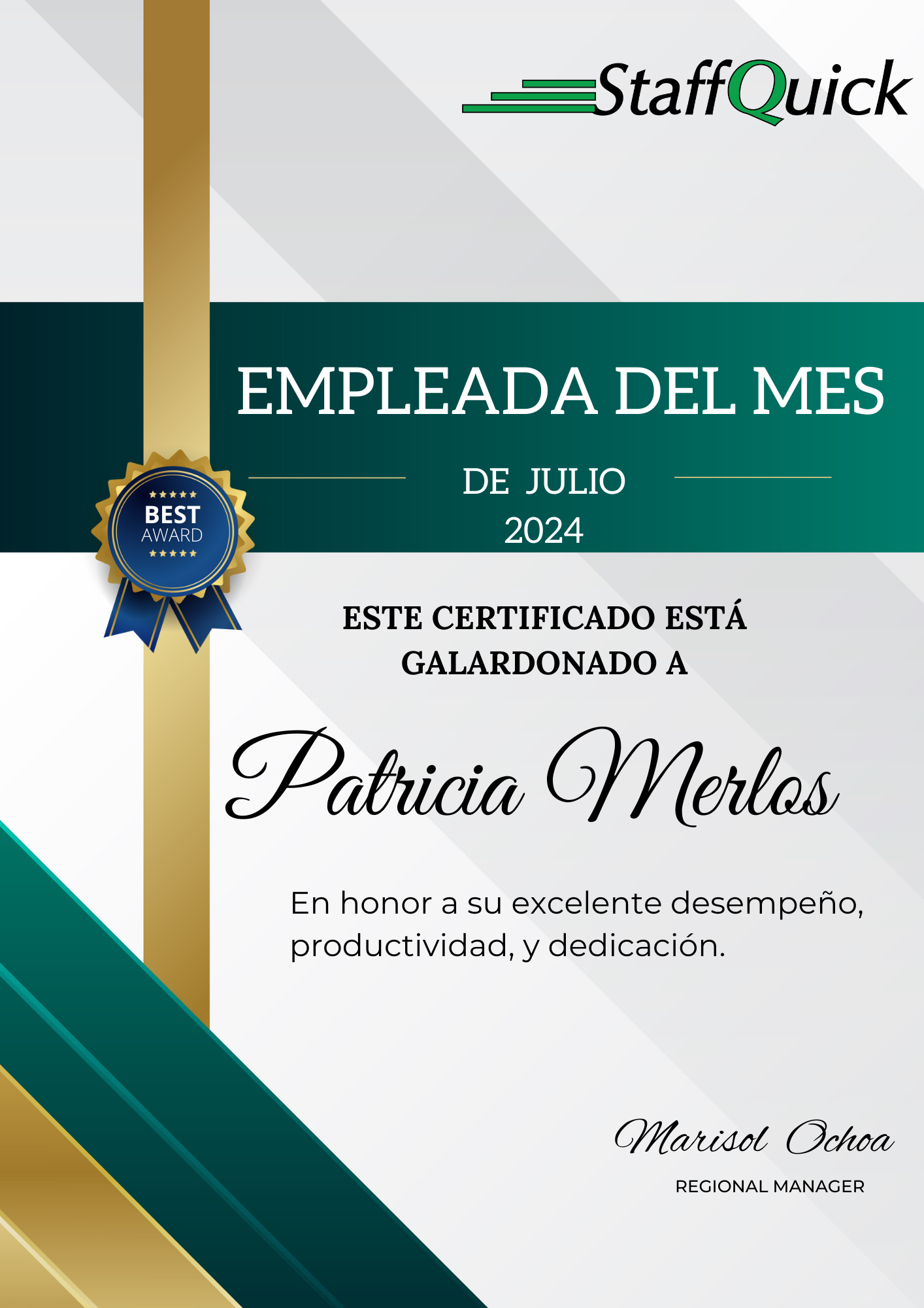 A staff quick employee of the month certificate for patricia merlos