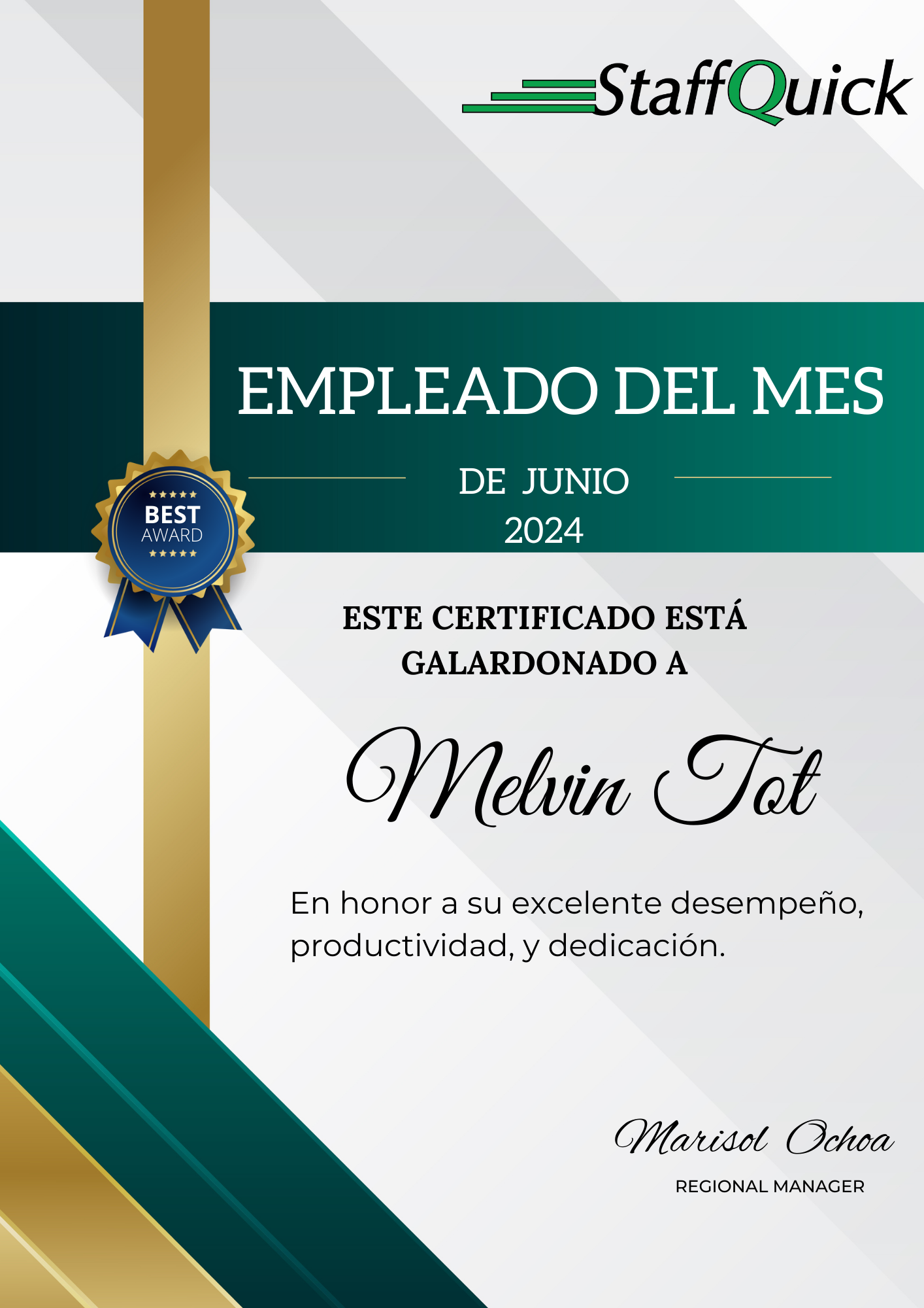 A staff quick employee of the month certificate