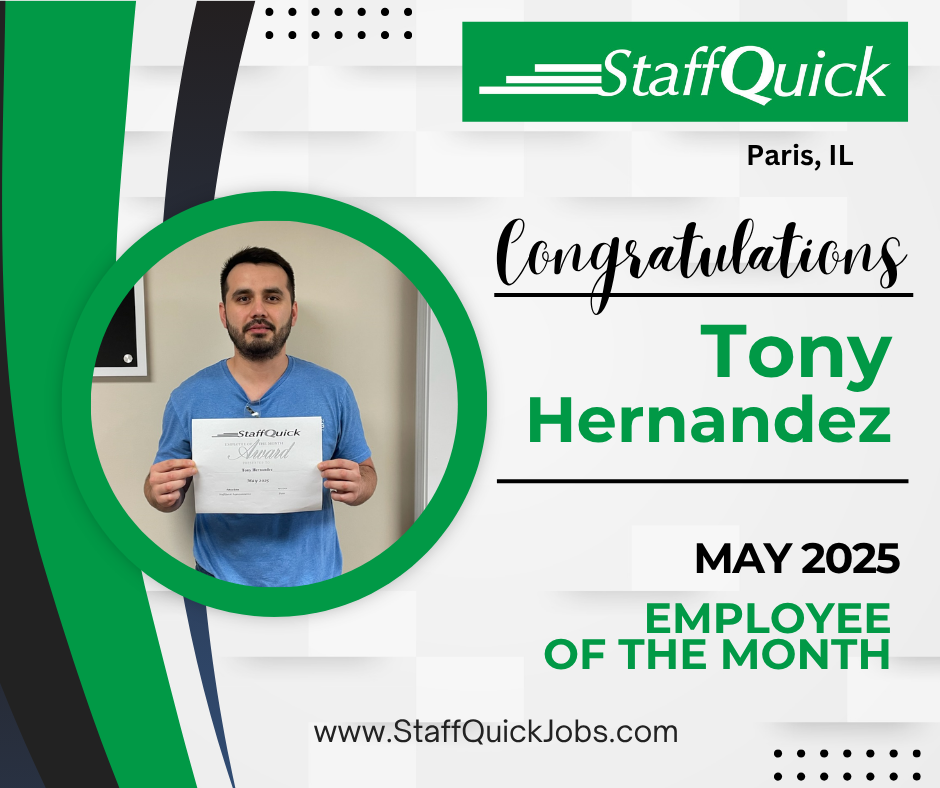 A man is holding a sign that says congratulations tony hernandez may 2025 employee of the month