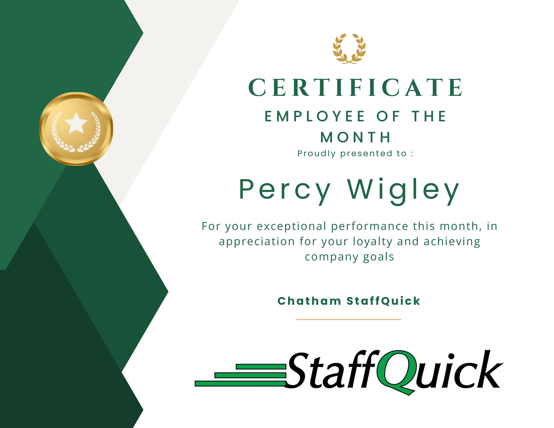 StaffQuick August  employee of the month Percy Wigley