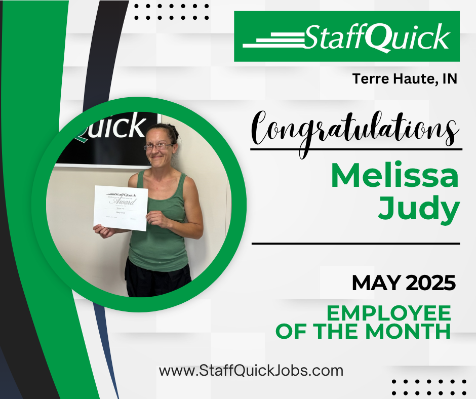 A woman is holding a certificate that says congratulations melissa judy may 2025 employee of the month.