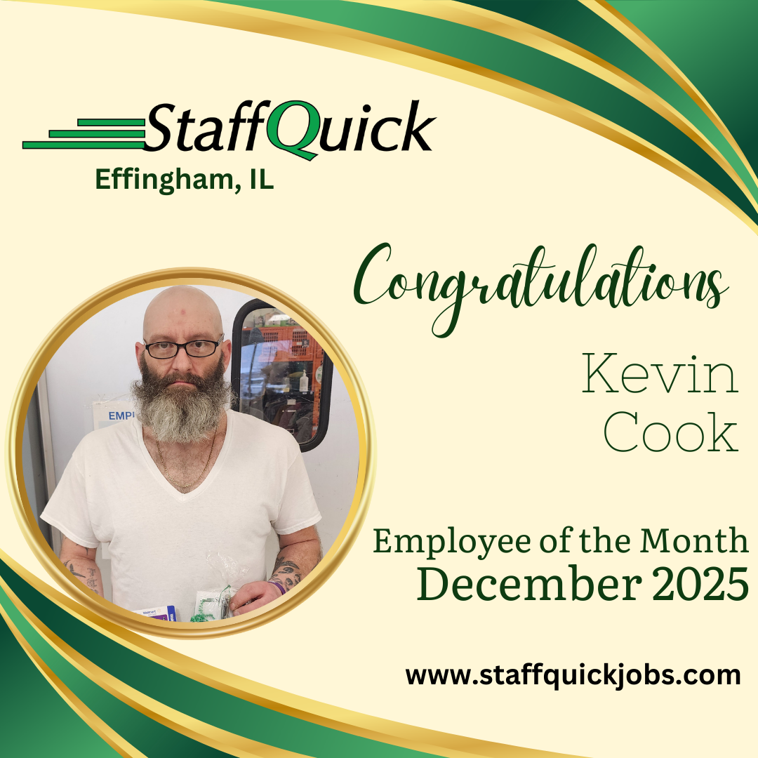 StaffQuick's Employee of the Month: Kevin Cook. He is bald with a beard, in a white shirt, and in December 2025.