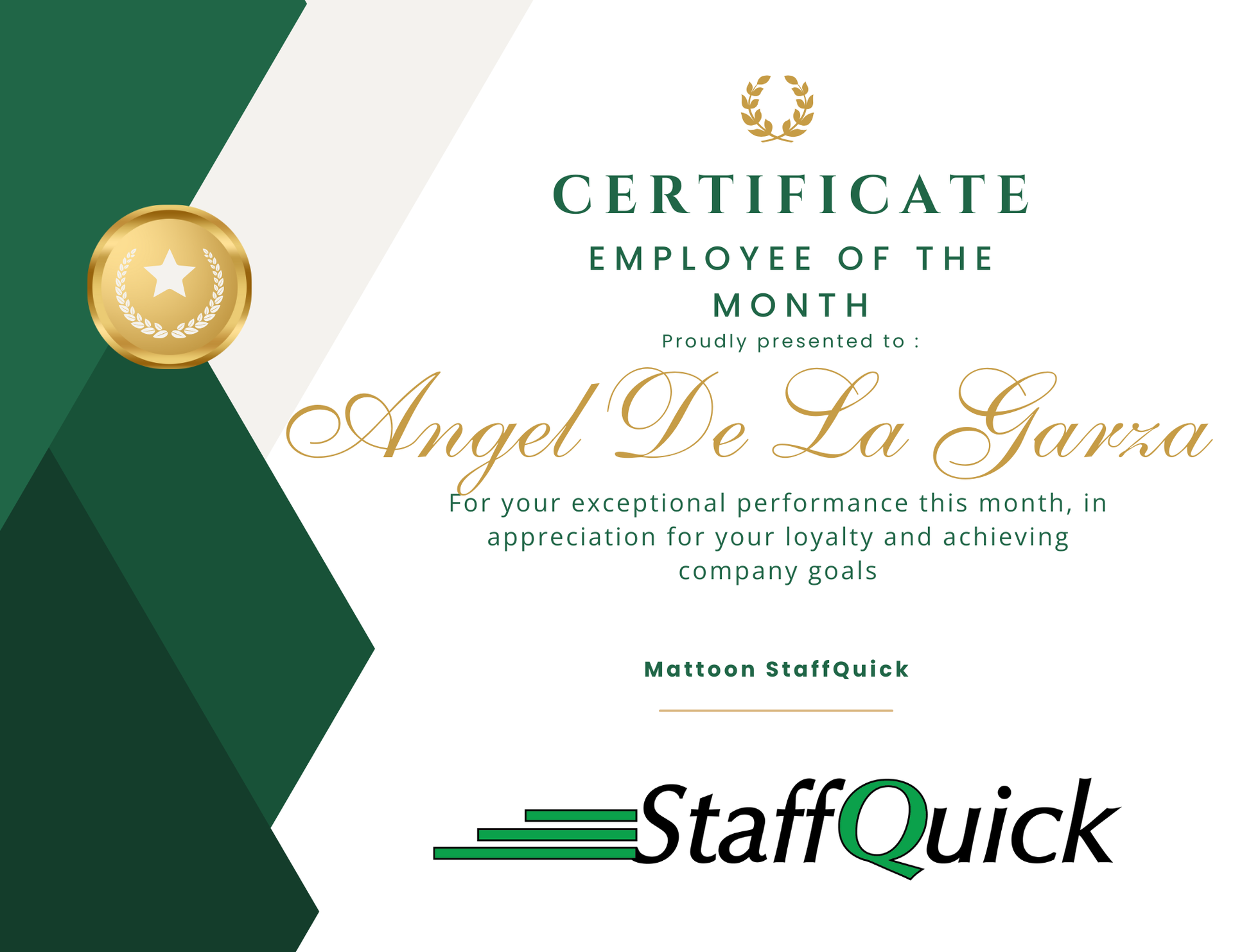 Employee of the Month certificate for Angel De La Garza. Green and gold design with company logo.