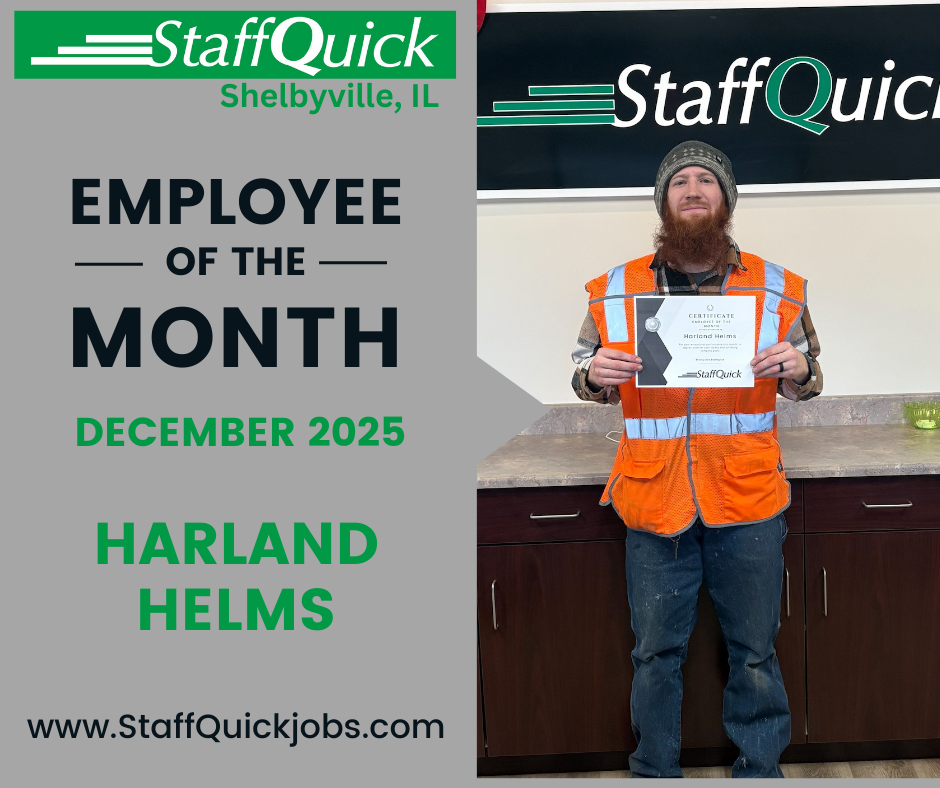 Employee of the Month announcement. A man in safety gear holds a certificate; text indicates December 2025 and 