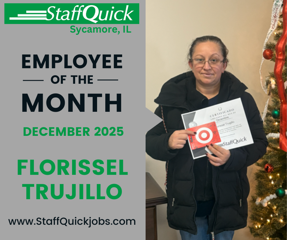 Employee of the Month graphic. A woman holds a gift card and certificate. Text reads 