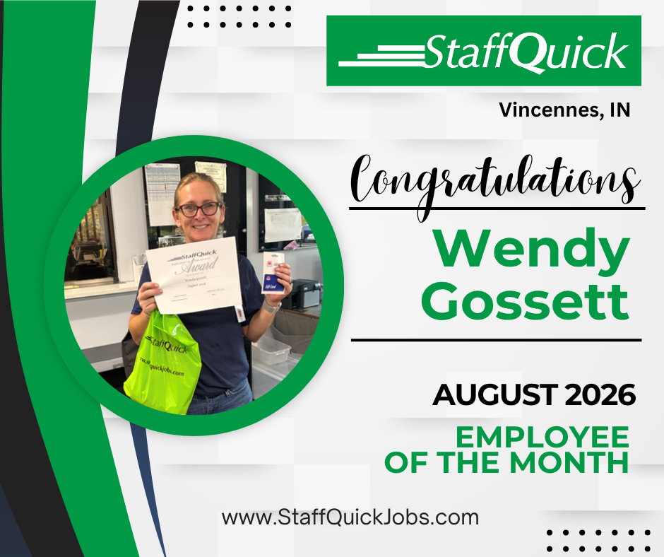 StaffQuick employee of the month poster for Wendy Gossett in Vincennes, IN, August 2026, with her photo