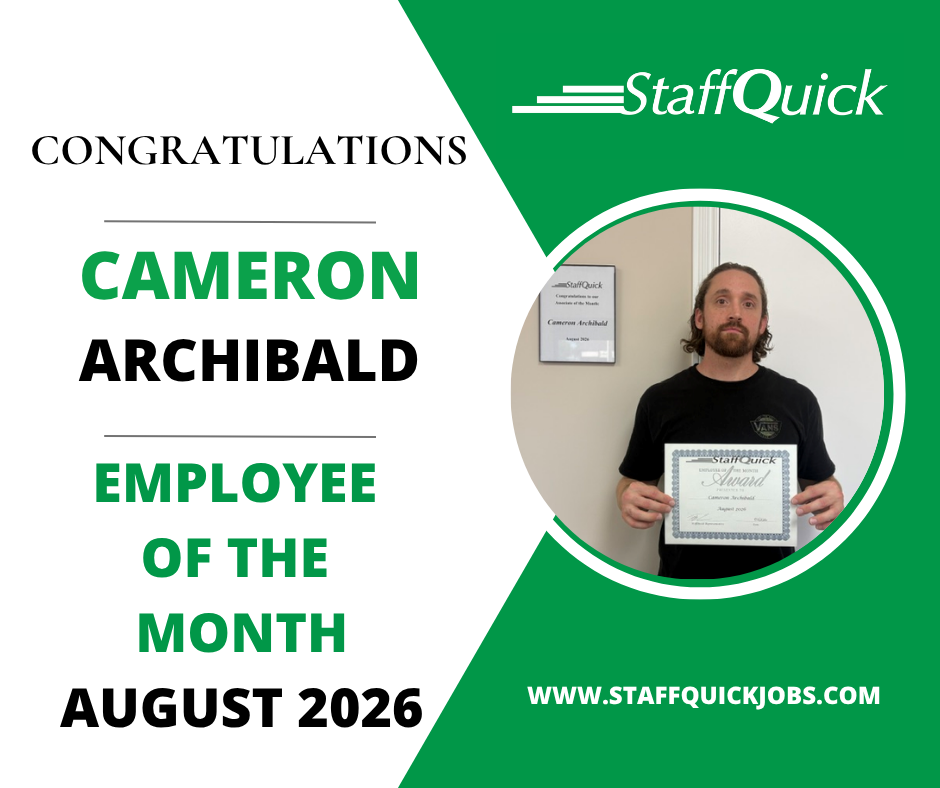 StaffQuick Employee of the Month poster for Cameron Archibald holding a certificate, August 2026