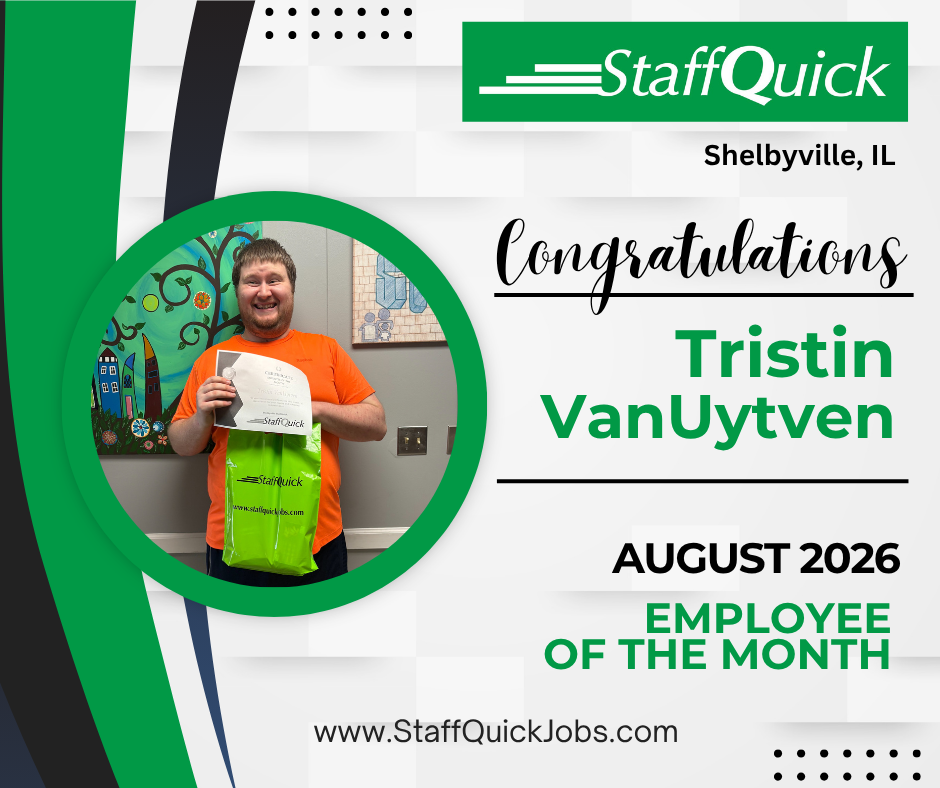 StaffQuick Employee of the Month poster for Tristin VanUytven, Shelbyville, IL, August 2026, with staff photo