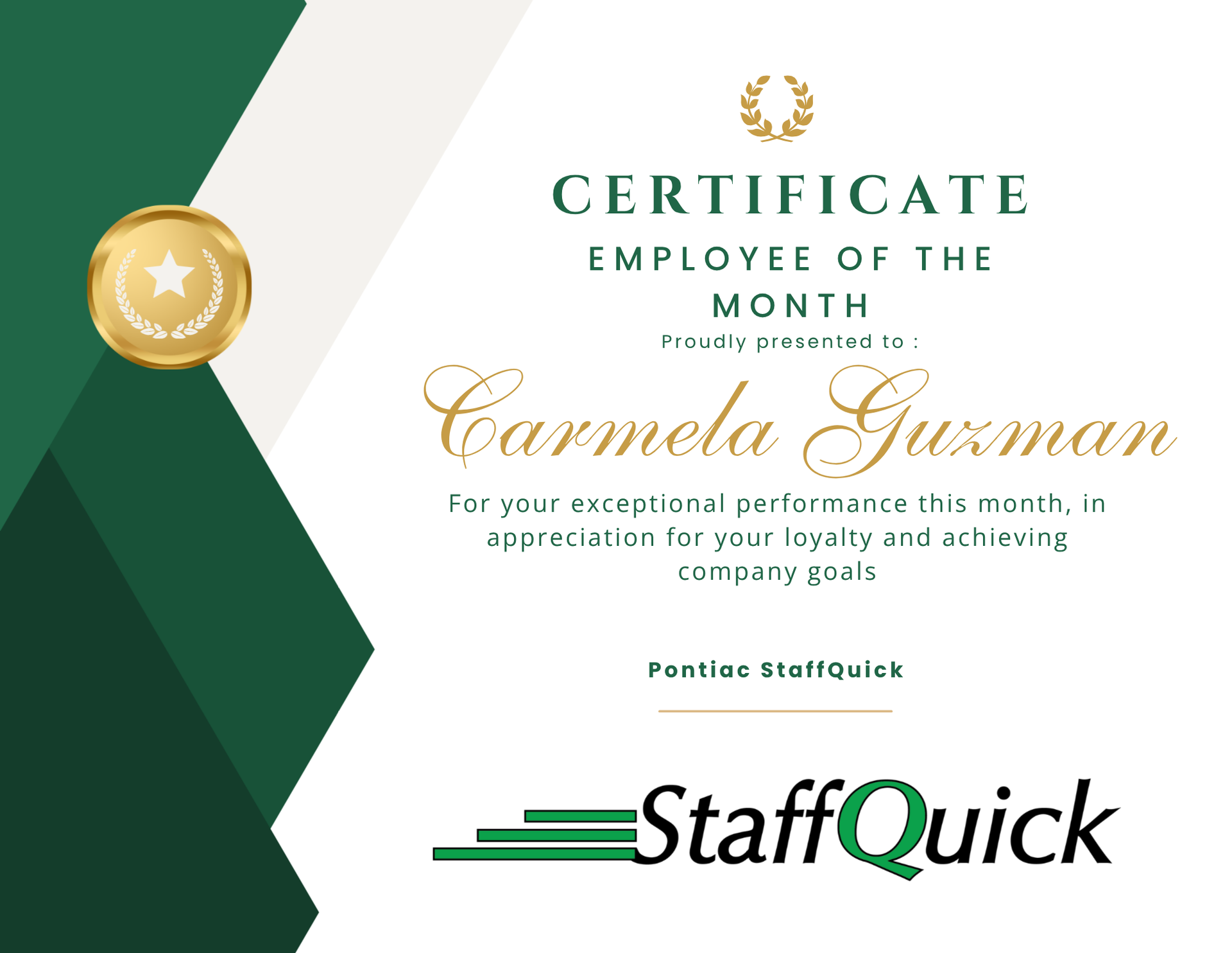 Certificate of Employee of the Month for Pamela Guzman, with StaffQuick logo and green geometric design