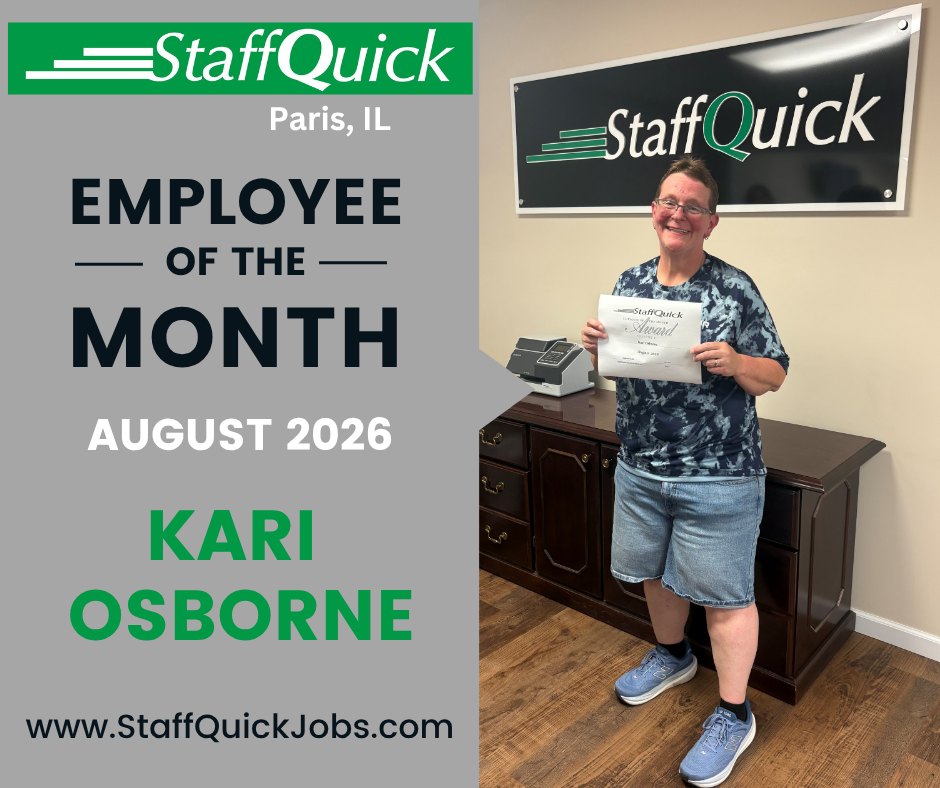 StaffQuick Employee of the Month poster for August 2026 featuring Kari Osborne holding a certificate