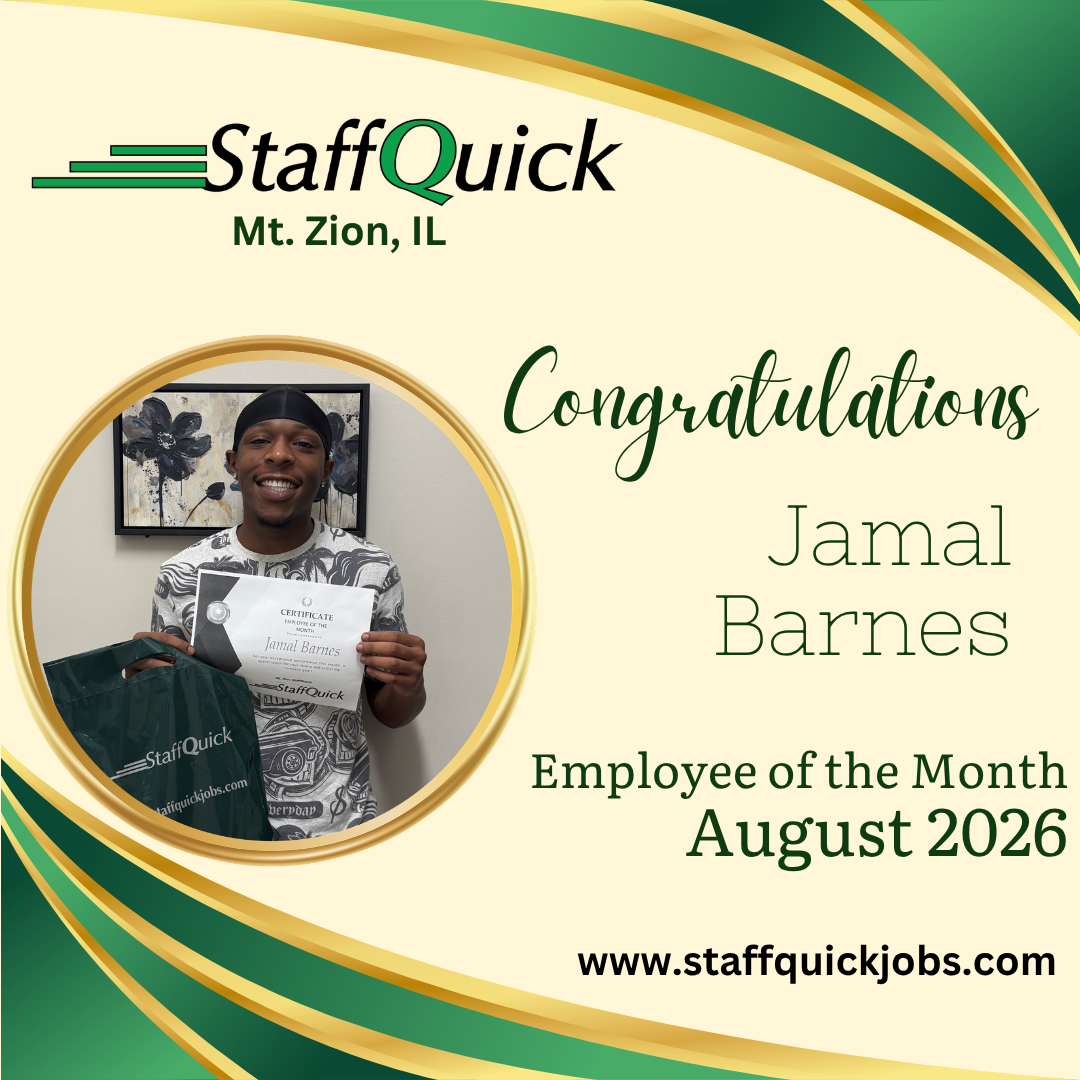StaffQuick congratulatory employee-of-the-month graphic for Jamal Barnes, August 2026, with his photo and certificate