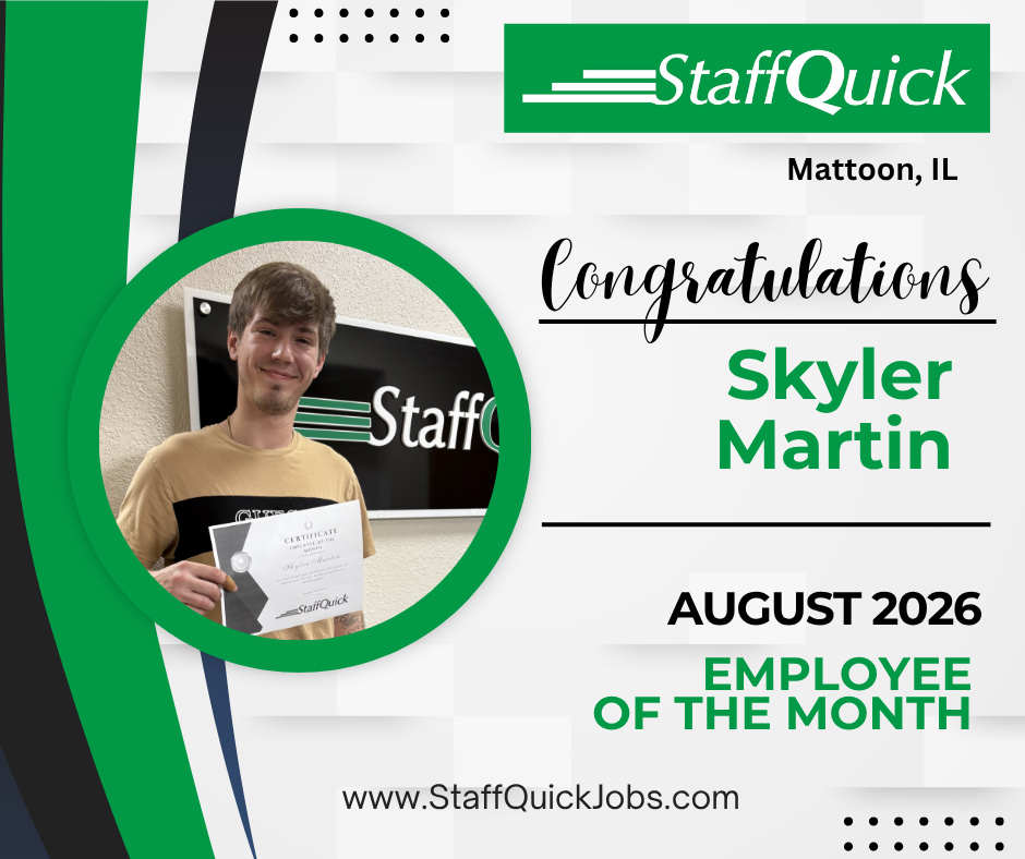 StaffQuick August 2026 Employee of the Month poster featuring Skyler Martin holding an award plaque.