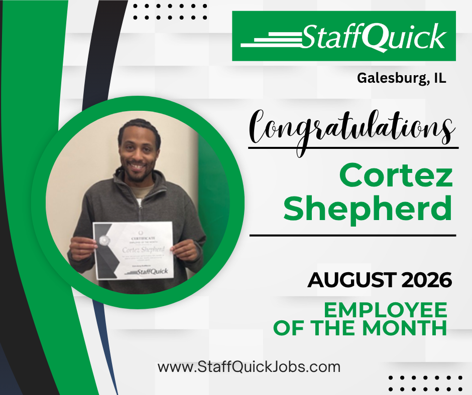 StaffQuick employee of the month poster featuring Cortez Shepherd holding a certificate.