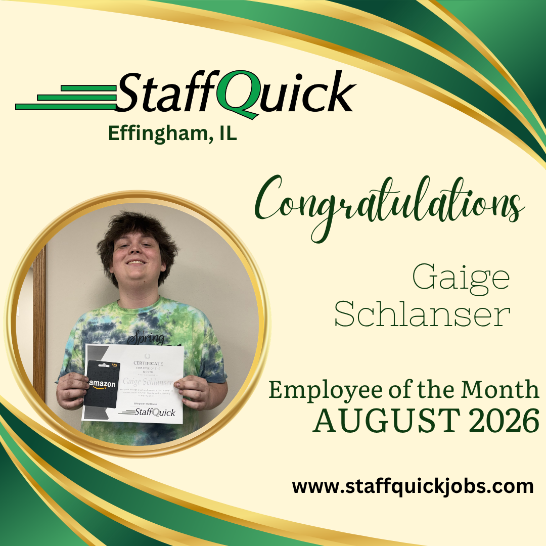 StaffQuick award graphic celebrating Employee of the Month Gaige Schlarbaum, August 2026.