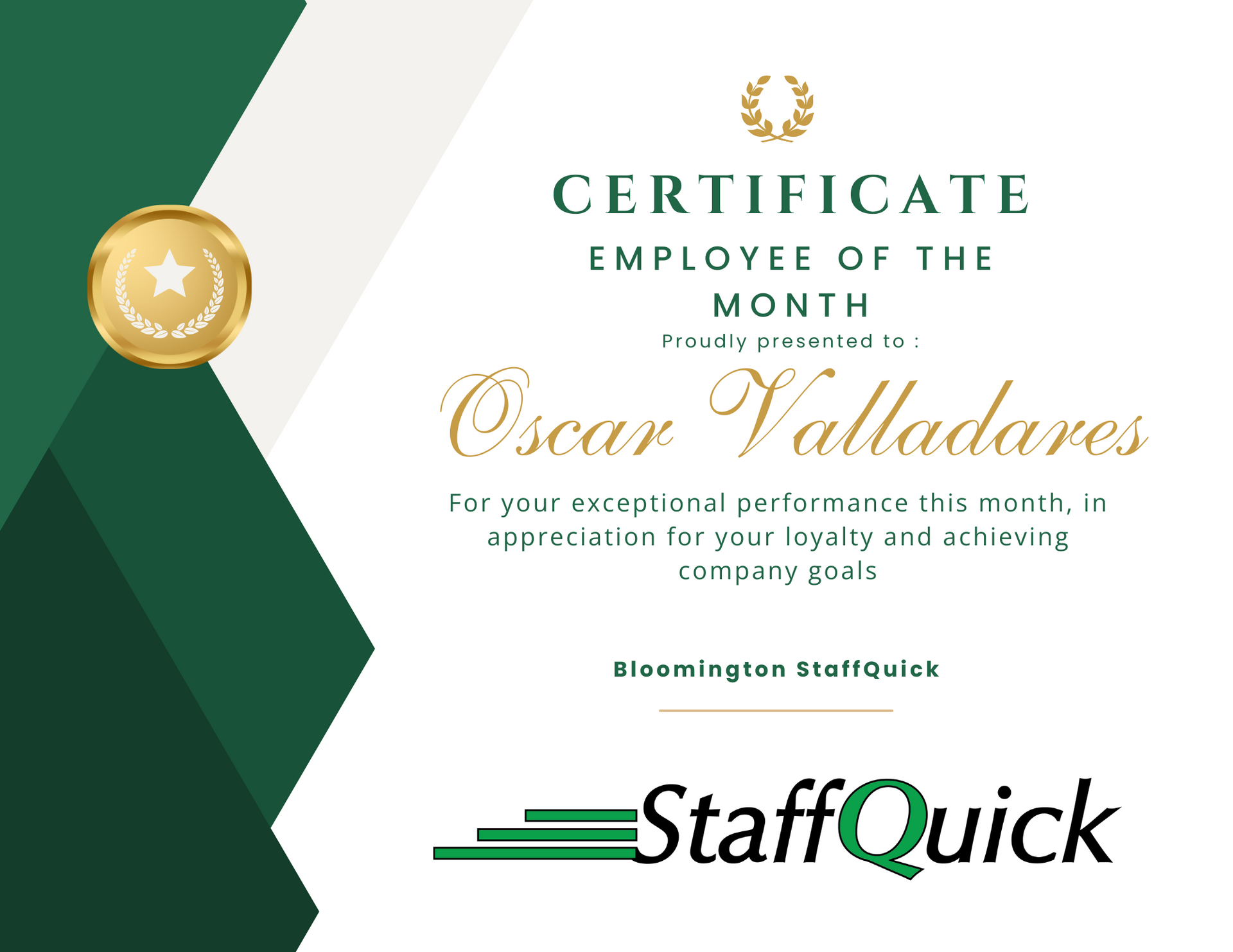 Oscar valladares is the employee of the month for staffquick.