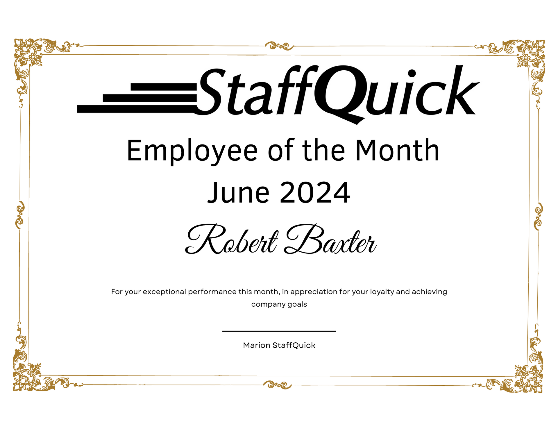 A staff quick employee of the month certificate for june 2024
