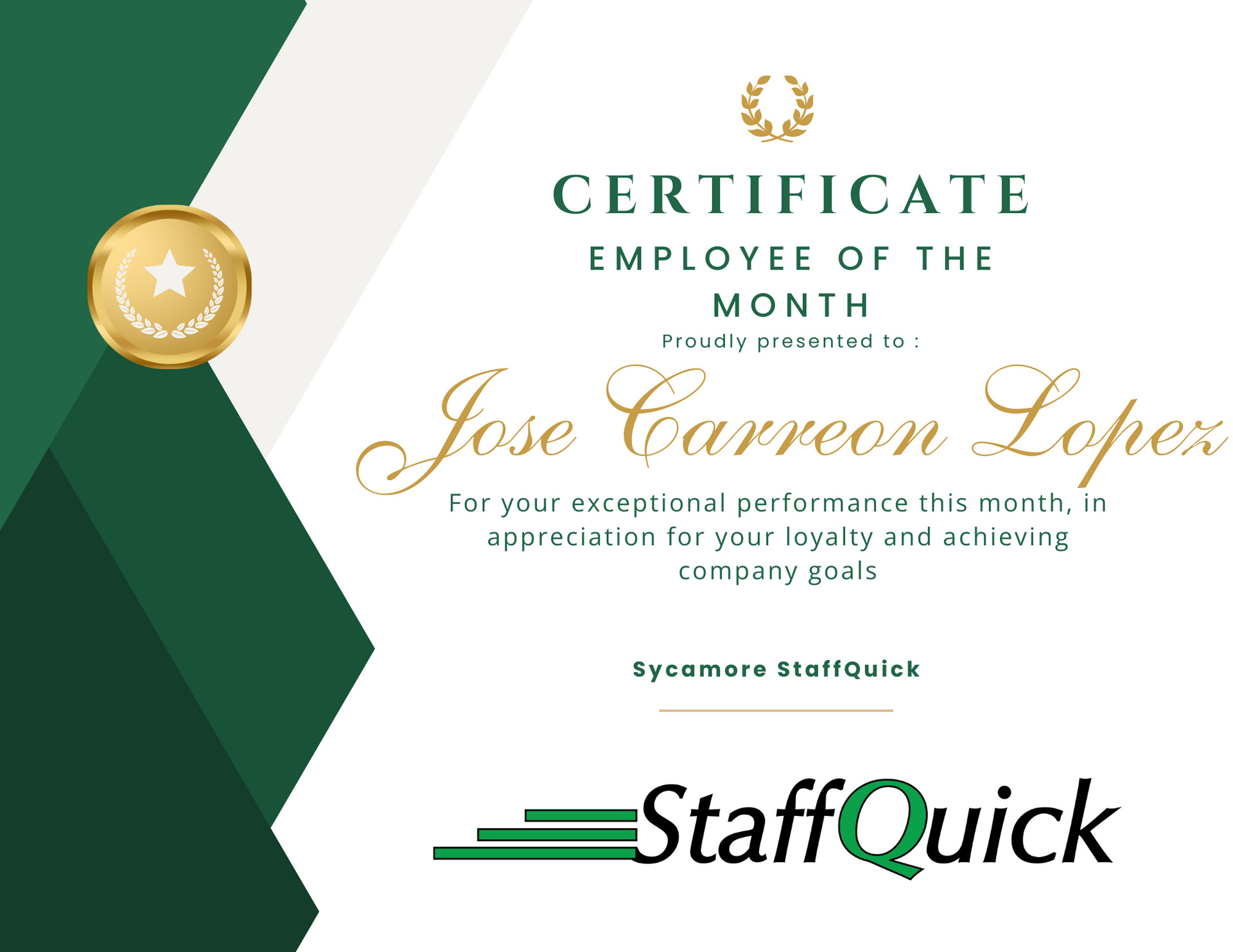 Sycamore StaffQuick Employee of the Month of September
