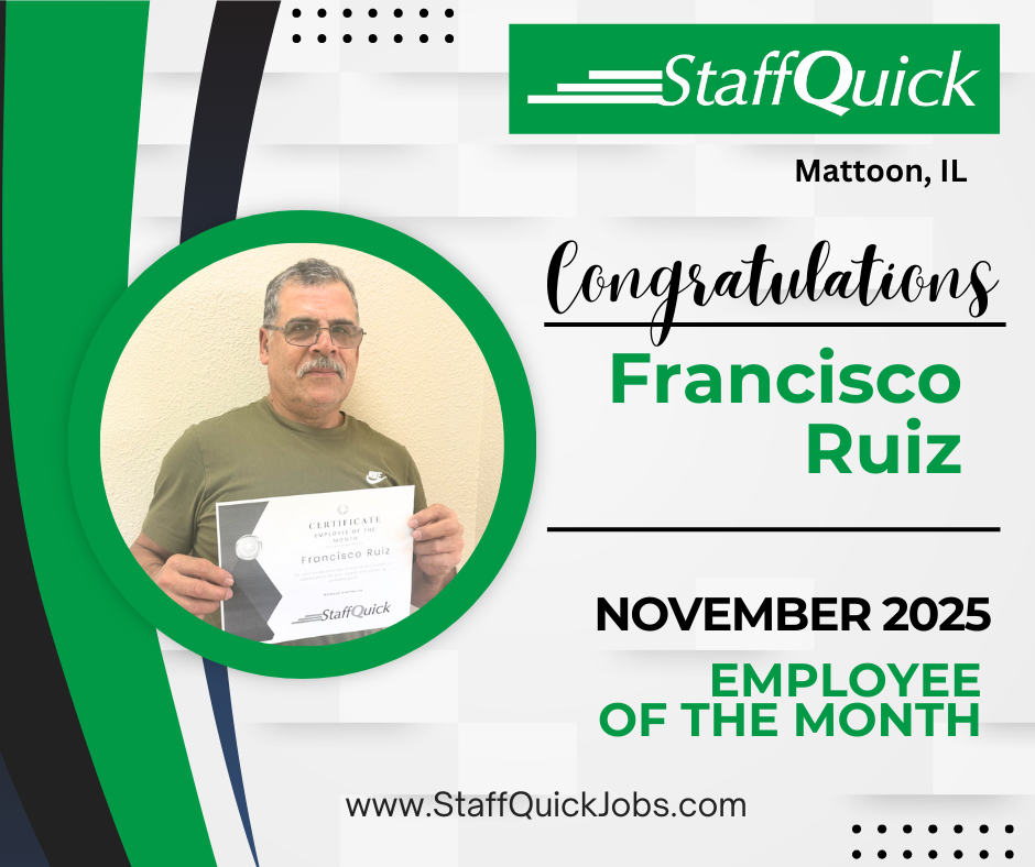 Employee of the Month graphic. Francisco Ruiz holding a certificate, with 