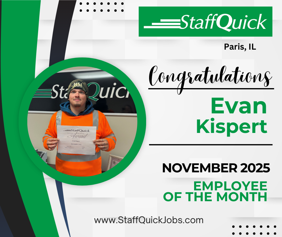 Employee of the Month recognition for Evan Kispert. Photo of Evan holding a certificate. StaffQuick logo, Paris, IL, November 2025.