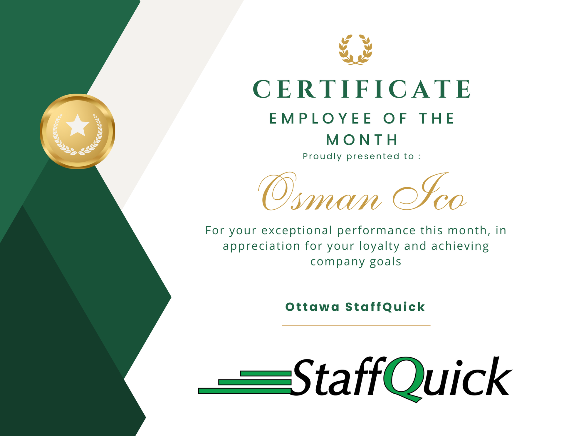 Employee of the Month certificate for Osman Ico from Ottawa StaffQuick, with gold accents and green design.