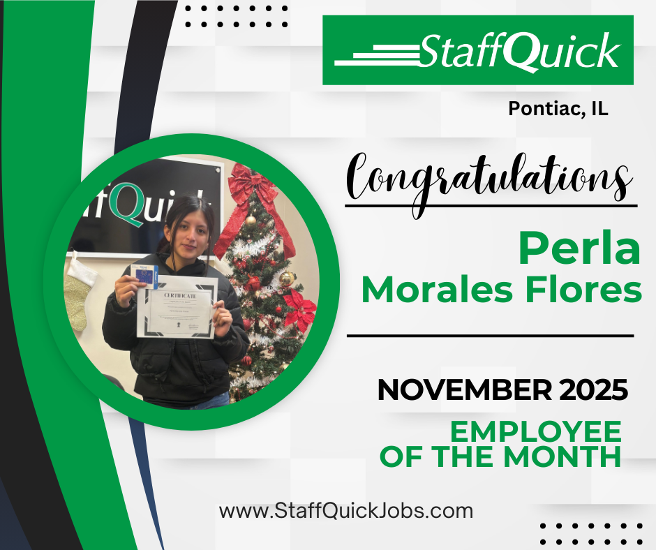 Employee of the Month graphic. StaffQuick congratulates Perla Morales Flores. November 2025. Green, black, and white design.