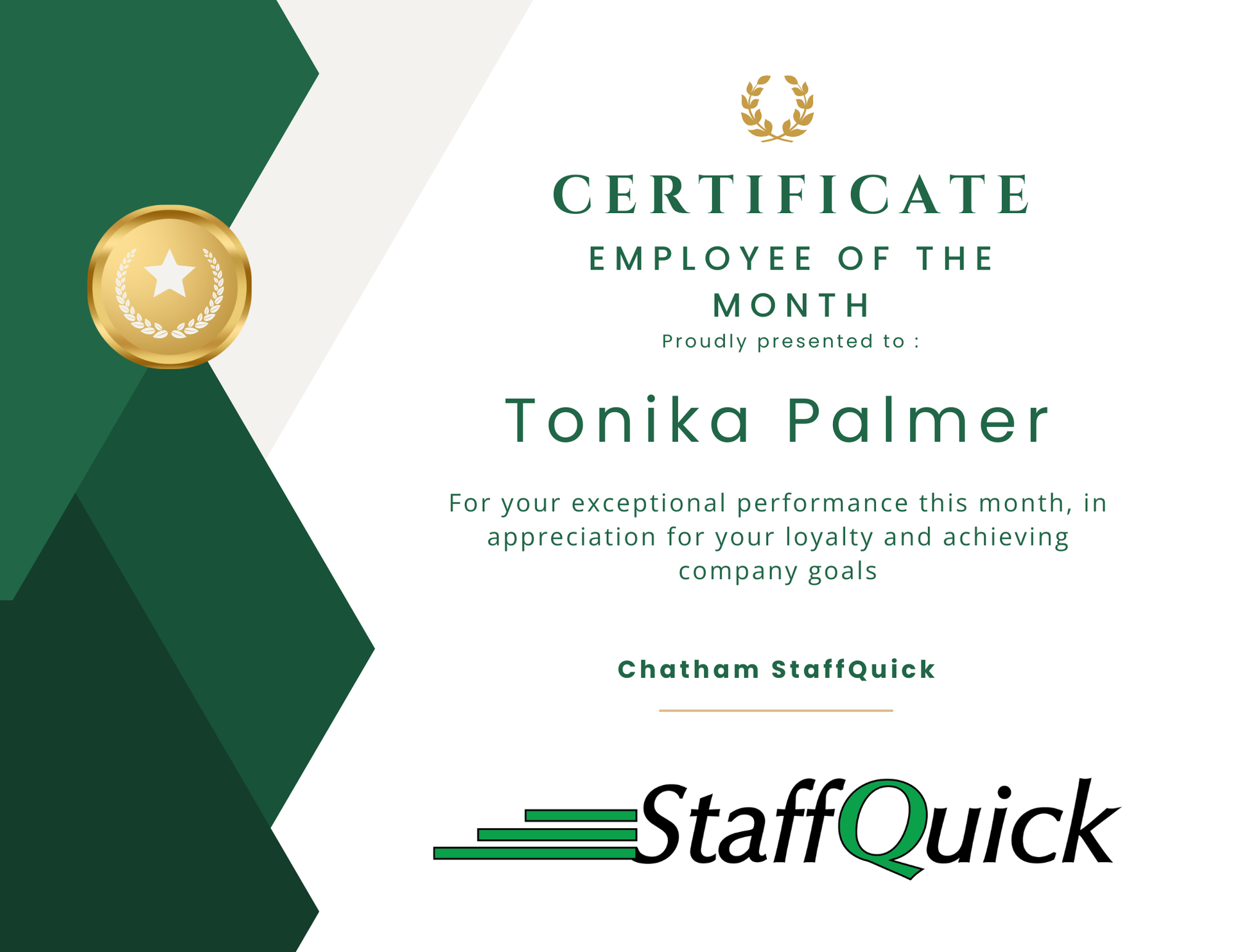 Employee of the Month certificate for Tonika Palmer, green and gold design by StaffQuick.