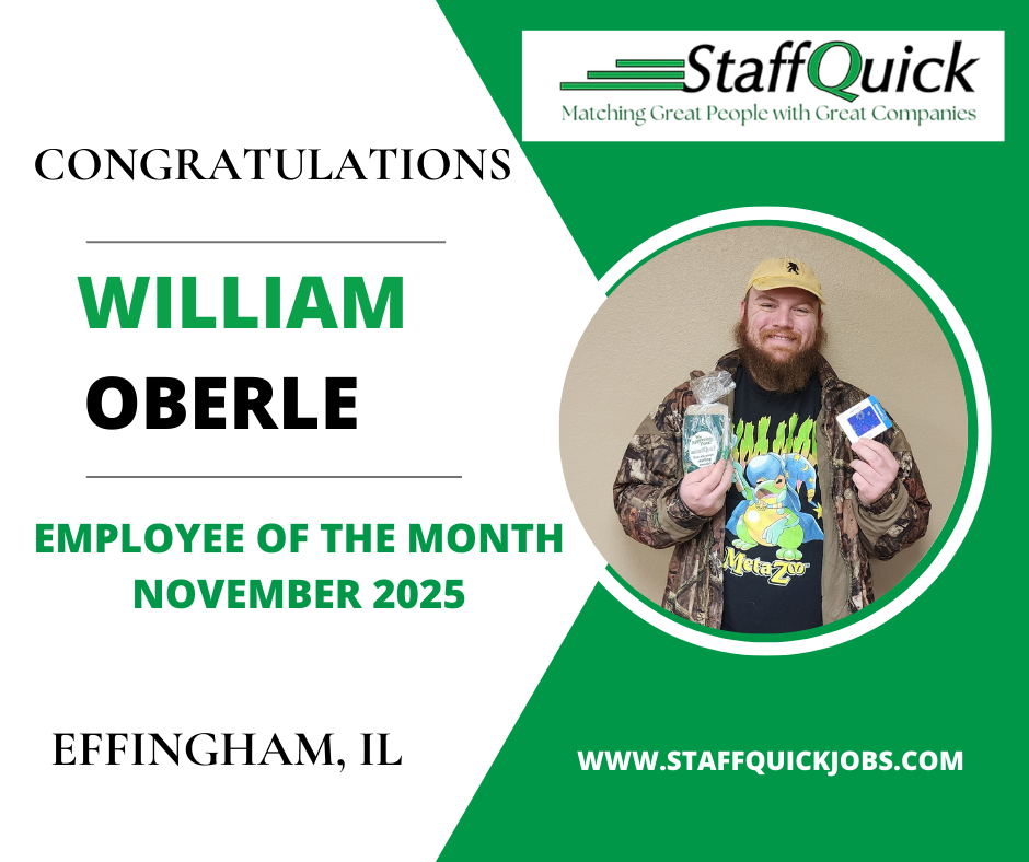 Employee of the month announcement for William Oberle. He holds cash and a gift card. Green and white graphic.