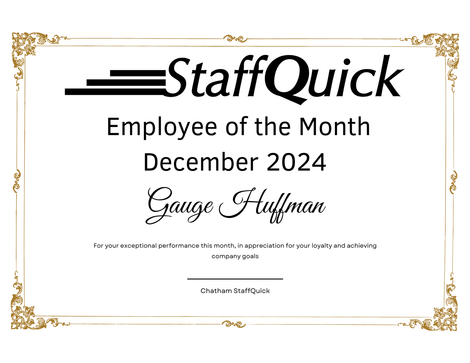 Chatham StaffQuick Employee of the Month of December