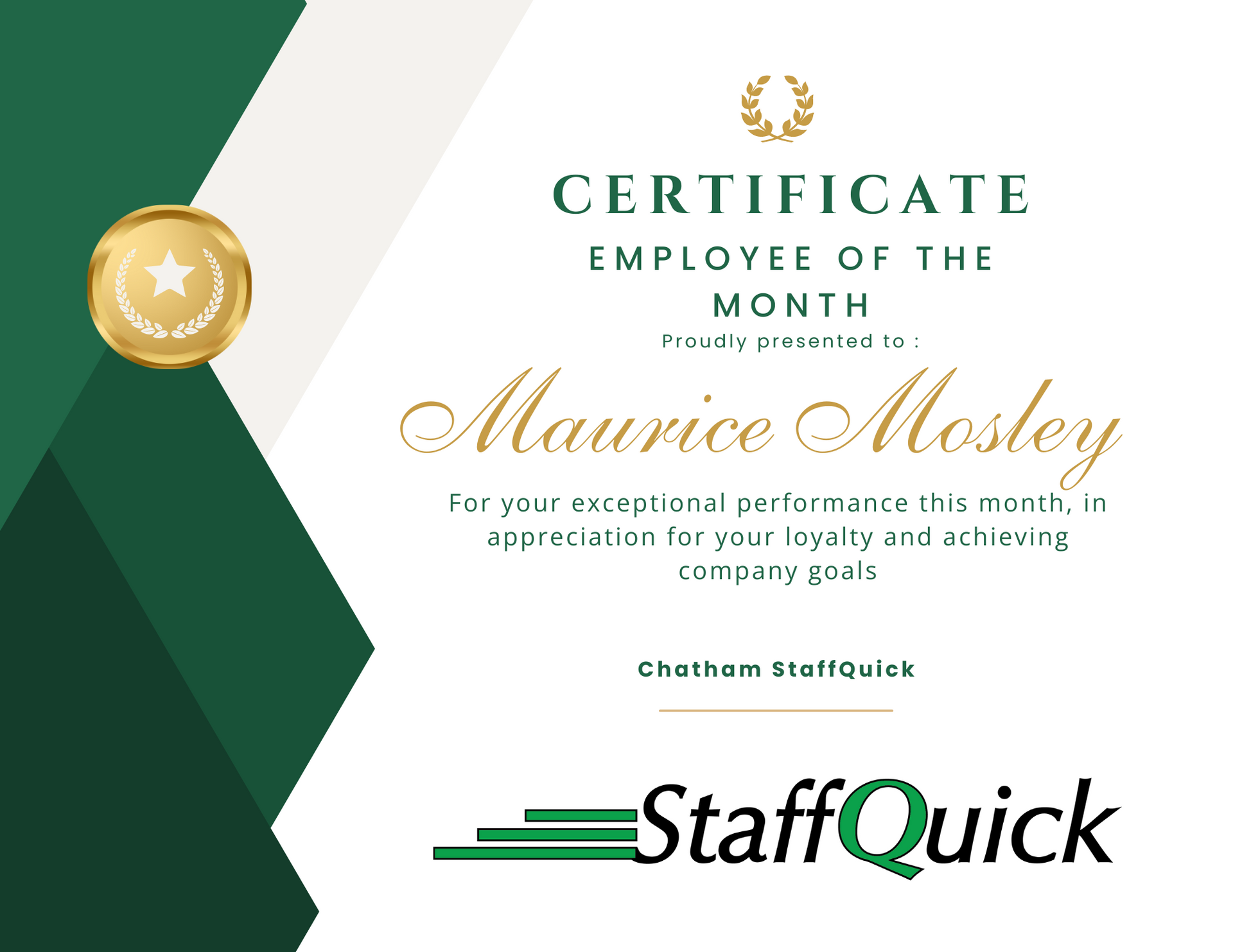 Chatham StaffQuick Employee of the Month of August