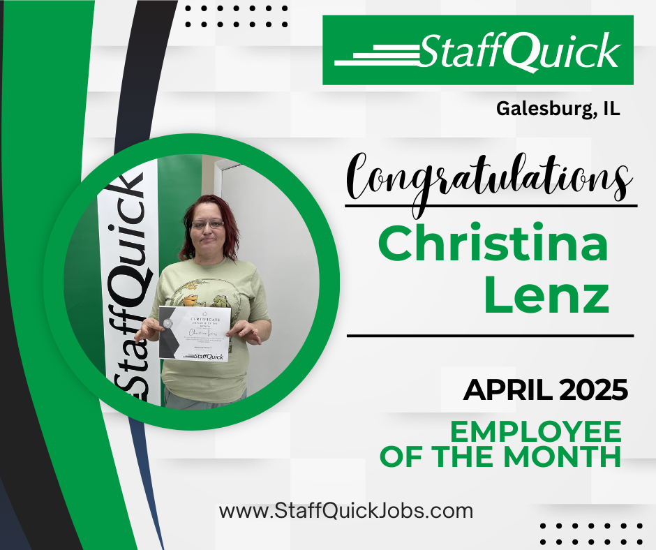 A woman is holding a sign that says congratulations christina lenz april 2025 employee of the month.