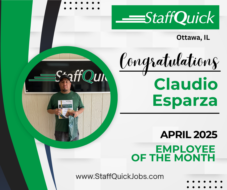 A man is standing in front of a sign that says congratulations claudio esparza april 2025 employee of the month
