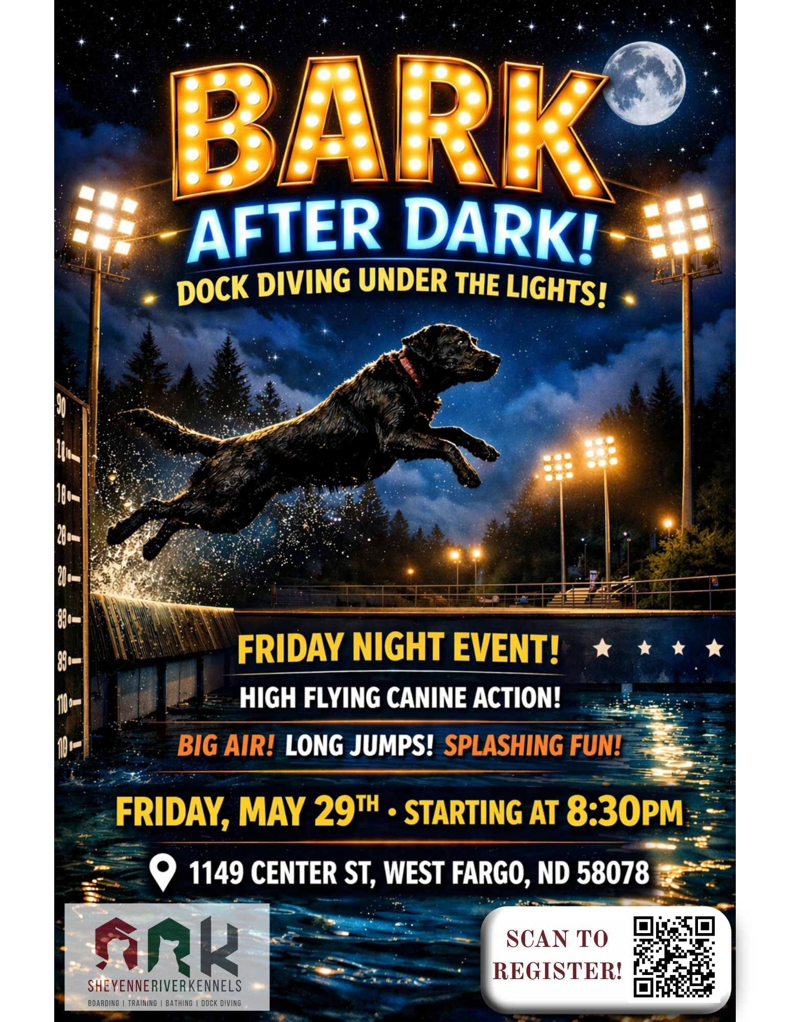 Dog flying over dock at night for Bark After Dark event poster, with lights, date, time, and West Fargo address