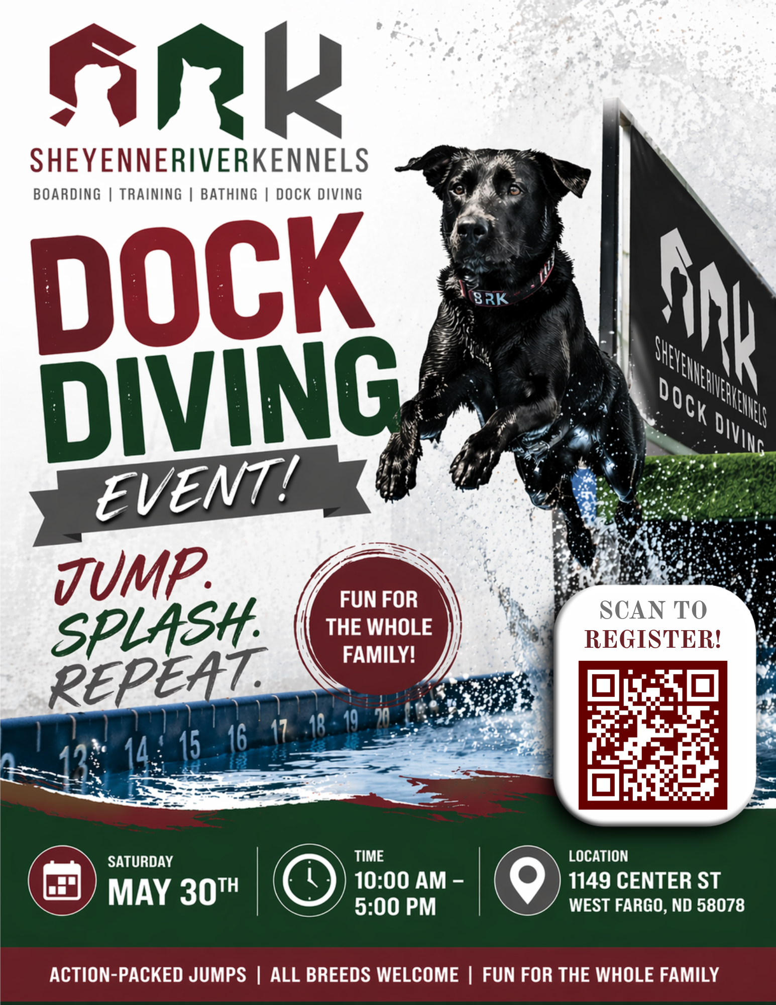 Dock diving event poster with black dog splashing, Sheyenne River Kennels branding, QR code, and event details