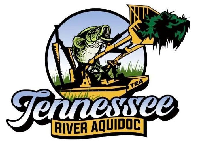 Tennessee River Aquidoc logo with a jumping fish and green tree by a yellow excavator boom