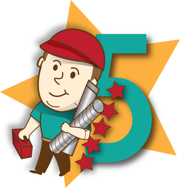 A cartoon of a man holding a toolbox and a 5
