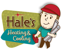 The logo for hale 's heating and cooling is a cartoon of a man holding a pipe.