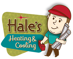 The logo for hale 's heating and cooling is a cartoon of a man holding a pipe.